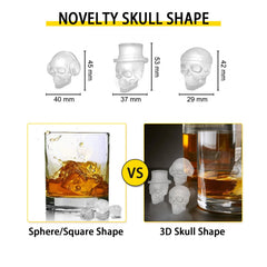 Black silicone 6-grid skull ice cube tray with lid for making 3D skull-shaped ice.