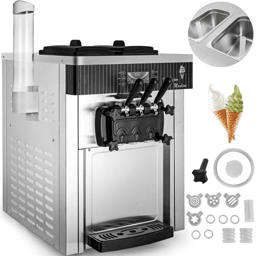 Bostome Commercial Soft Serve Ice Cream Machine with three flavors and dual stainless steel hoppers.