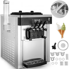 Bostome Commercial Soft Serve Ice Cream Machine with three flavors and dual stainless steel hoppers.