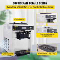 Bostome Commercial Soft Serve Ice Cream Machine with three flavors and dual stainless steel hoppers.