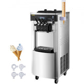 Silver stainless steel commercial soft serve ice cream machine with 3 flavors, 2200W power, and sample vanilla and chocolate cones.