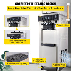 Stainless steel commercial soft serve ice cream machine with 3 flavors, dual hoppers, drip tray, and casters.