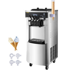 Silver stainless steel commercial soft serve ice cream machine with 3 flavors, 2200W power, and sample cones.