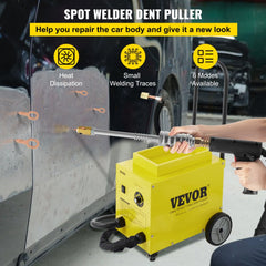 A yellow VEVOR spot welder dent puller machine with 6 modes, held by a hand near a car door.