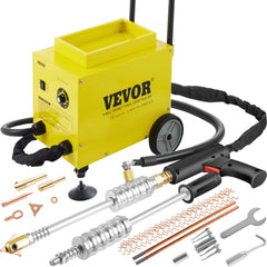 Yellow VEVOR SG-7500 dent pulling spot welder on wheels with gun, hoses, and accessories.