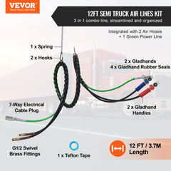 Bostome 12FT semi truck air lines kit with 3-in-1 air hoses and 7-way ABS power line.