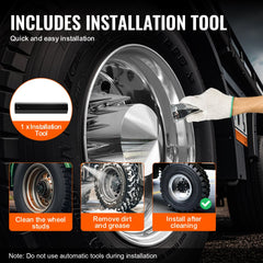 Bright silver ABS rear axle cover kit for 10-hole rims, includes tools and instructions.