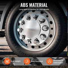 Bright silver ABS front axle covers for semi-trucks with 10-hole lug nut compatibility.