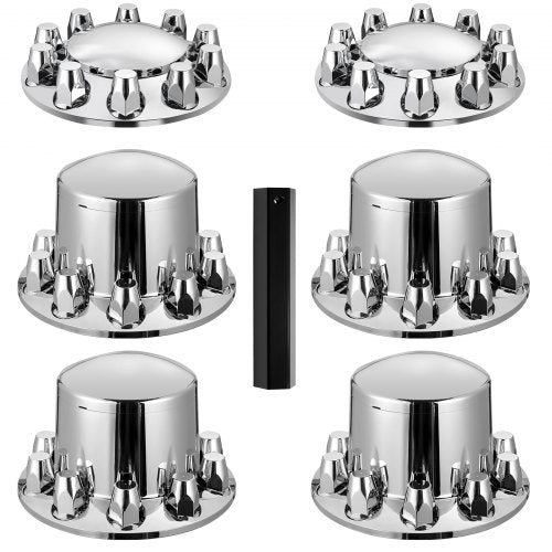 Set of shiny chrome ABS axle covers and lug nut covers for truck wheels.