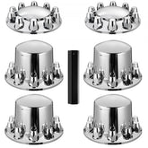 Set of shiny chrome ABS axle covers and lug nut covers for truck wheels.