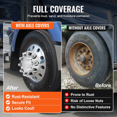 ABS axle cover kit with lug nut covers shown protecting truck wheels from rust, compared to unprotected rusty version.