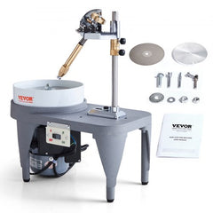 Bostome gem faceting machine with white ceramic bowl, adjustable arm, polishing discs, and accessories.