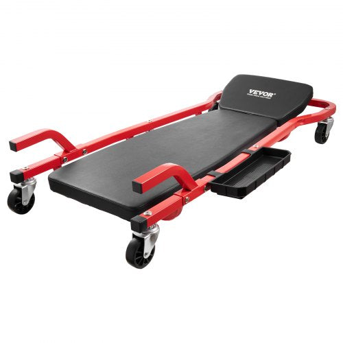 Bostome 44-inch mechanic creeper with adjustable headrest and six swivel casters for easy movement.