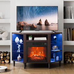 Brown wood corner TV stand with electric fireplace, remote control, and LED lights.