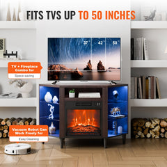 Brown wood corner TV stand with electric fireplace, supports up to 50" TVs and features LED lights.