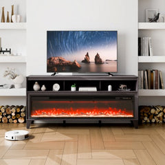Black 80-inch TV stand with electric fireplace displaying red flames and wooden logs.