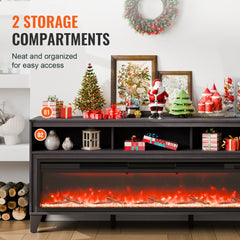 Black 80-inch TV stand with electric fireplace, two storage compartments, and holiday decor on shelves.