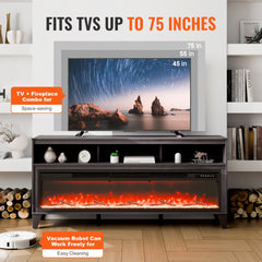 80-inch black fireplace TV stand with electric flames, fitting TVs up to 75 inches and space for a vacuum robot.