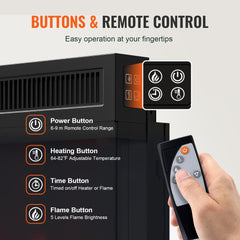 Buttons and remote control for Bostome fireplace TV stand, showing power, heat, timer, and flame options.