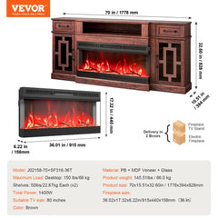 A brown fireplace TV stand with an electric fireplace insert, showing dimensions and product details.