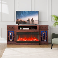 Brown 80-inch wood TV stand with electric fireplace, LED lights, and TV on top.