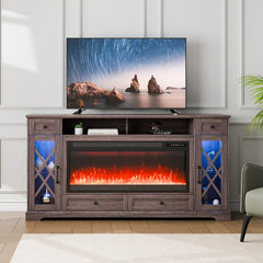 80-inch grey wood TV stand with electric fireplace, LED lights, and storage cabinets.