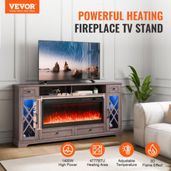 80-inch grey fireplace TV stand with LED lights, electric flames, and remote control.