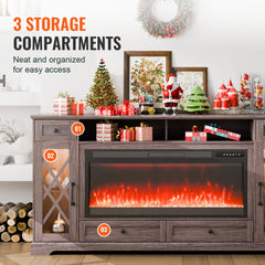 Grey 80-inch TV stand with electric fireplace, LED lights, three storage compartments, and holiday decor.