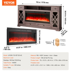 80-inch grey fireplace TV stand with LED lights, remote, and storage cabinets.