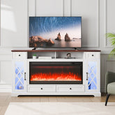 Bostome 80" brown and white fireplace TV stand with LED lights and remote control features.