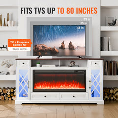 Bostome 80" brown and white fireplace TV stand with LED lights and remote control.