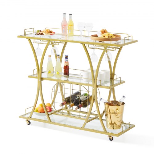 Gold 3-tier serving cart with wine rack, glass holder, and swivel casters for easy mobility.