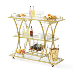 Gold 3-tier serving cart with wine rack, glass holder, and swivel casters for easy mobility.
