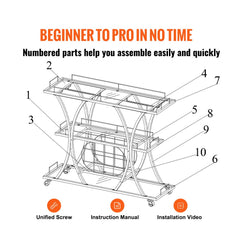 Gold 3-tier serving cart with wine rack, glass holder, and four swivel casters.