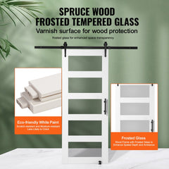 32x84 inch spruce wood sliding barn door kit with frosted glass panels and white paint.