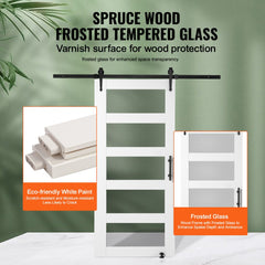 Sliding barn door kit featuring spruce wood frame and frosted glass panels for stylish privacy.