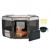 A golden retriever sits inside a gray octagonal 46-inch foldable pet playpen with mesh panels, waterproof Oxford fabric, stakes, and a portable bowl.
