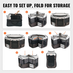 Step-by-step setup of a 46-inch octagonal foldable pet playpen made from waterproof 600D Oxford fabric.