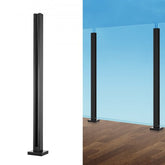 Black 37.4-inch 304 stainless steel glass railing clamp post with base, shown isolated and installed on deck.