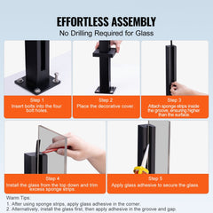 Diagram showing no-drill assembly steps for black stainless steel glass railing clamp with sponge inserts and adhesive.