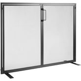 Black iron fireplace screen with door, featuring a sleek design and high-density mesh for safety.