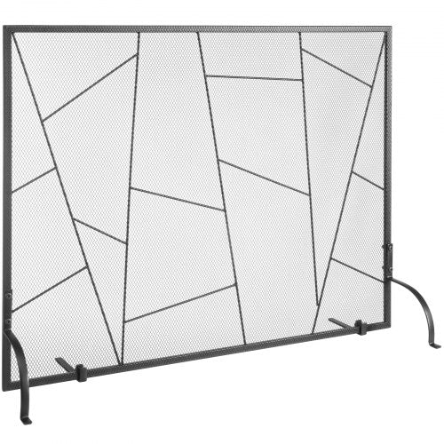 Black iron mesh fireplace screen with a single panel and split leg stability design.