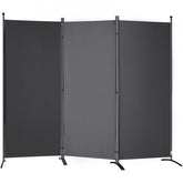 A dark gray, three-panel fabric room divider with a metal frame and bases.