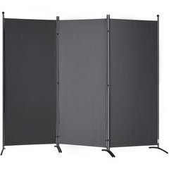 A dark gray, three-panel fabric room divider with a metal frame and bases.