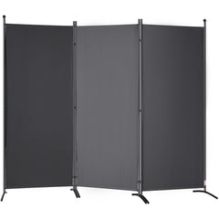 A dark gray, three-panel fabric room divider with a black metal frame.