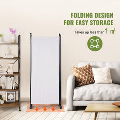 Three-panel white fabric room divider with a sturdy carbon steel frame and adjustable clips.