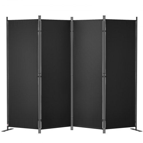A 4-panel black fabric room divider with metal frame, standing 5.6 ft tall and folding for privacy.