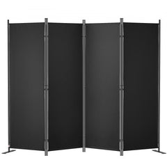 A 4-panel black fabric room divider with metal frame, standing 5.6 ft tall and folding for privacy.