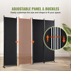 4-panel black fabric room divider with adjustable panels and buckles for customizing size and shape.