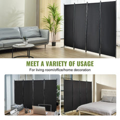 4-panel black fabric folding room divider, 5.6 ft tall, with sturdy frame for privacy in living rooms or offices.